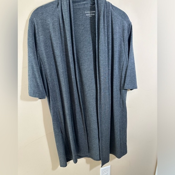EILEEN FISHER  gray open stretchy knit tencel modal long open cardigan M petite - Picture 2 of 7